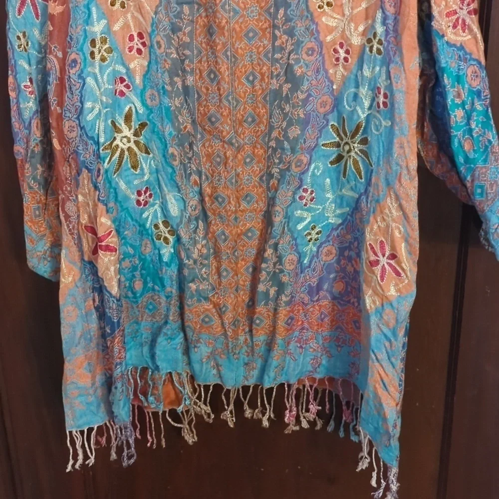 Time For Me Embroidered Bohemian Flowy Open Fringe Cardigan Size 2X - Picture 9 of 9